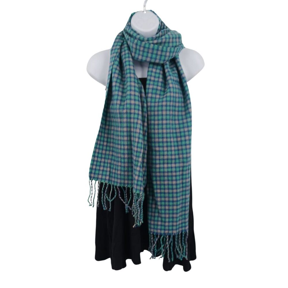 J.Crew Blue Plaid Wool Blend Fringe Scarf